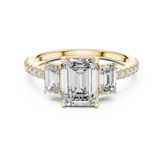 Emerald-Cut Center with Matched Side Stones on a Shimmering
