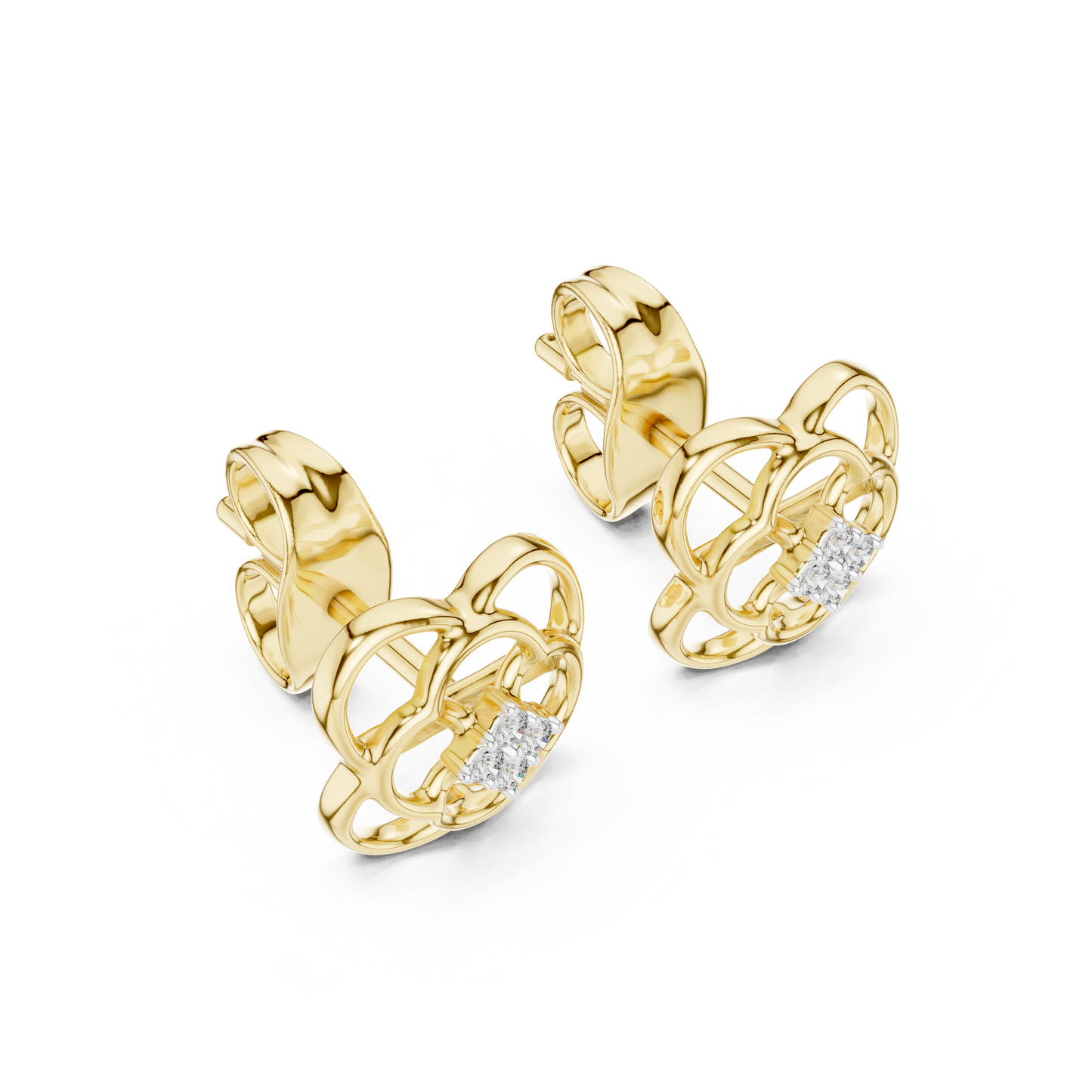 Floral Clover Diamond Stud Earrings in Gold