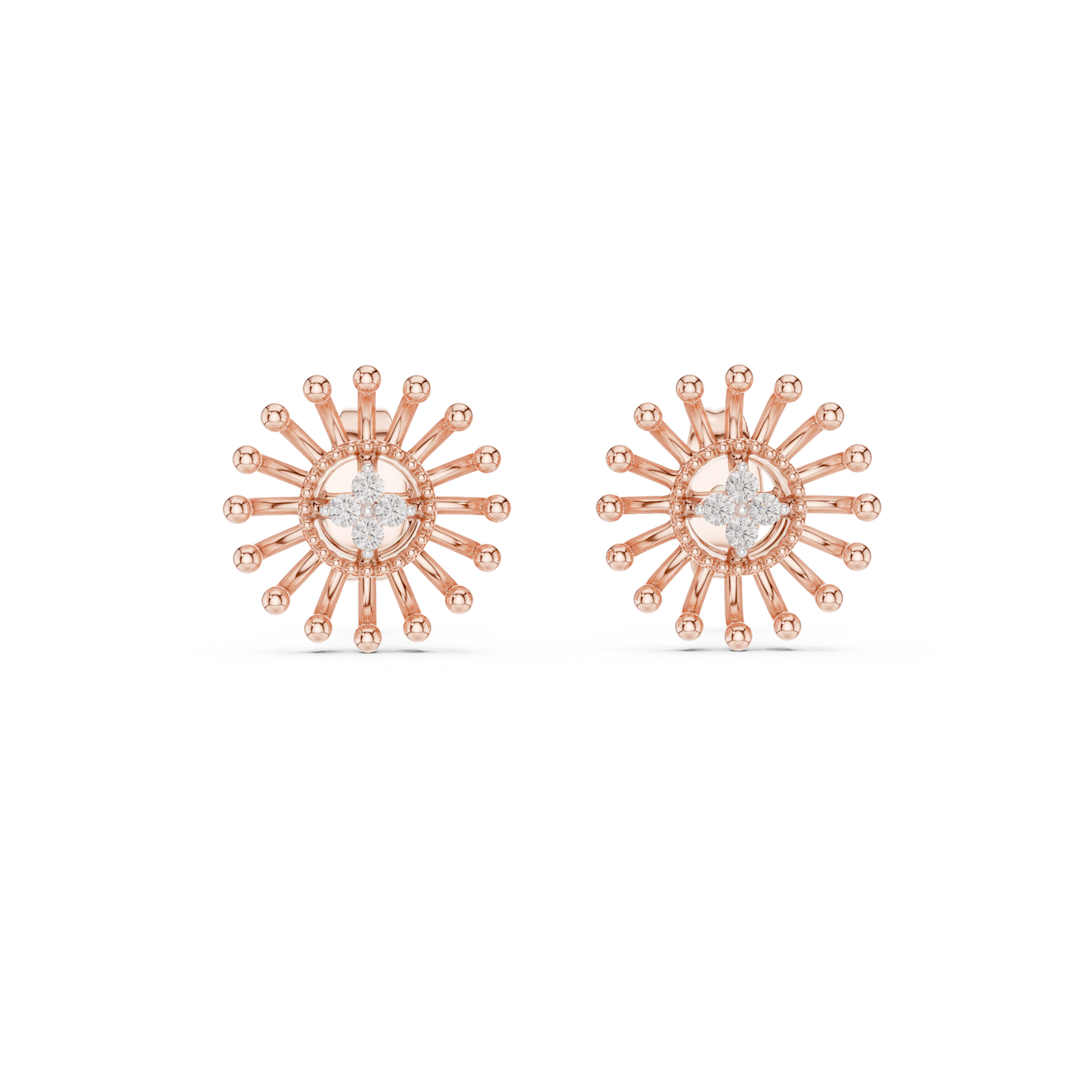 Gold Beaded Sun Halo Earrings with Four-Stone Diamond
