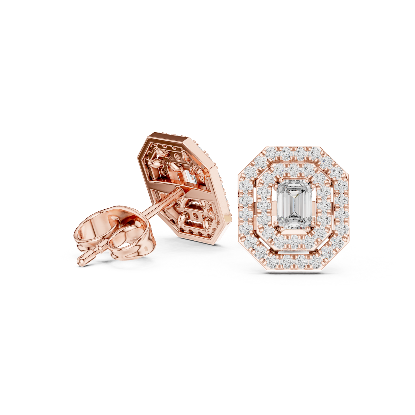 Luxury Emerald Cut Diamond Halo Stud Earrings for Women