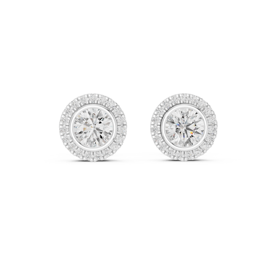 Double Halo Round Cut Diamond Stud Earrings