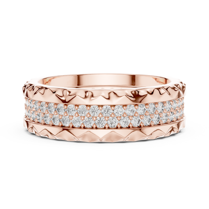 A Two-Row Brilliant Diamond Band with Sculptural Pyramid Borders
