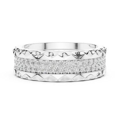 A Two-Row Brilliant Diamond Band with Sculptural Pyramid Borders