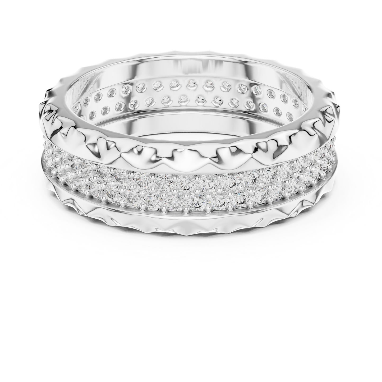 A Two-Row Brilliant Diamond Band with Sculptural Pyramid Borders