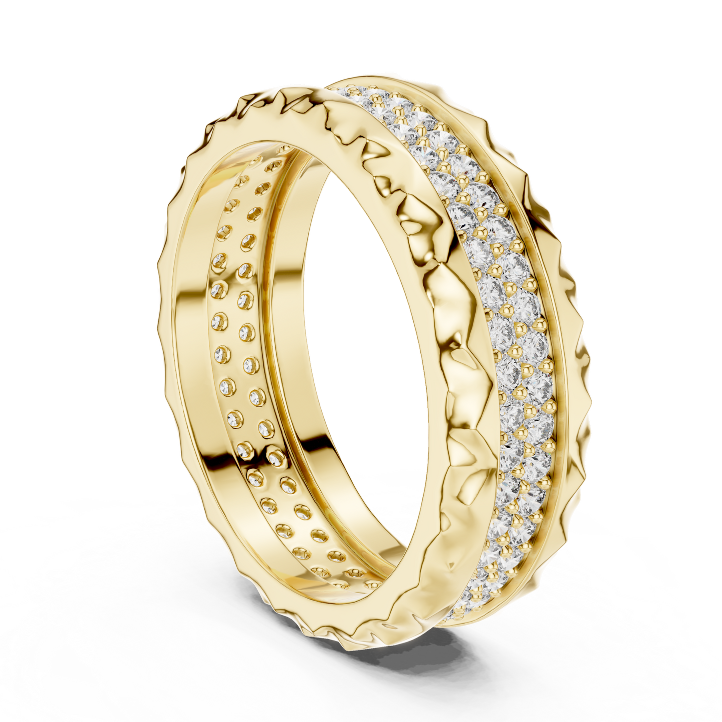A Two-Row Brilliant Diamond Band with Sculptural Pyramid Borders