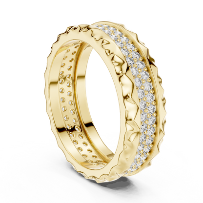 A Two-Row Brilliant Diamond Band with Sculptural Pyramid Borders