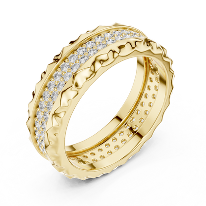 A Two-Row Brilliant Diamond Band with Sculptural Pyramid Borders
