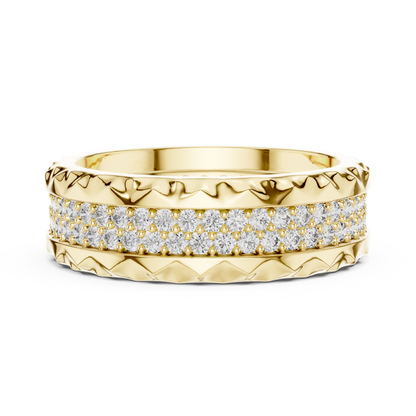 A Two-Row Brilliant Diamond Band with Sculptural Pyramid Borders