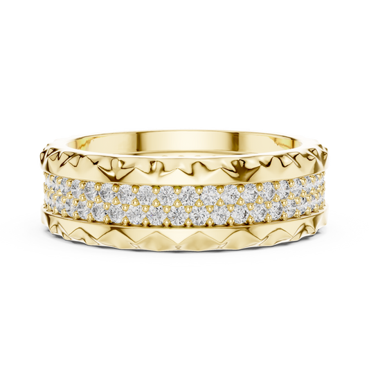 A Two-Row Brilliant Diamond Band with Sculptural Pyramid Borders
