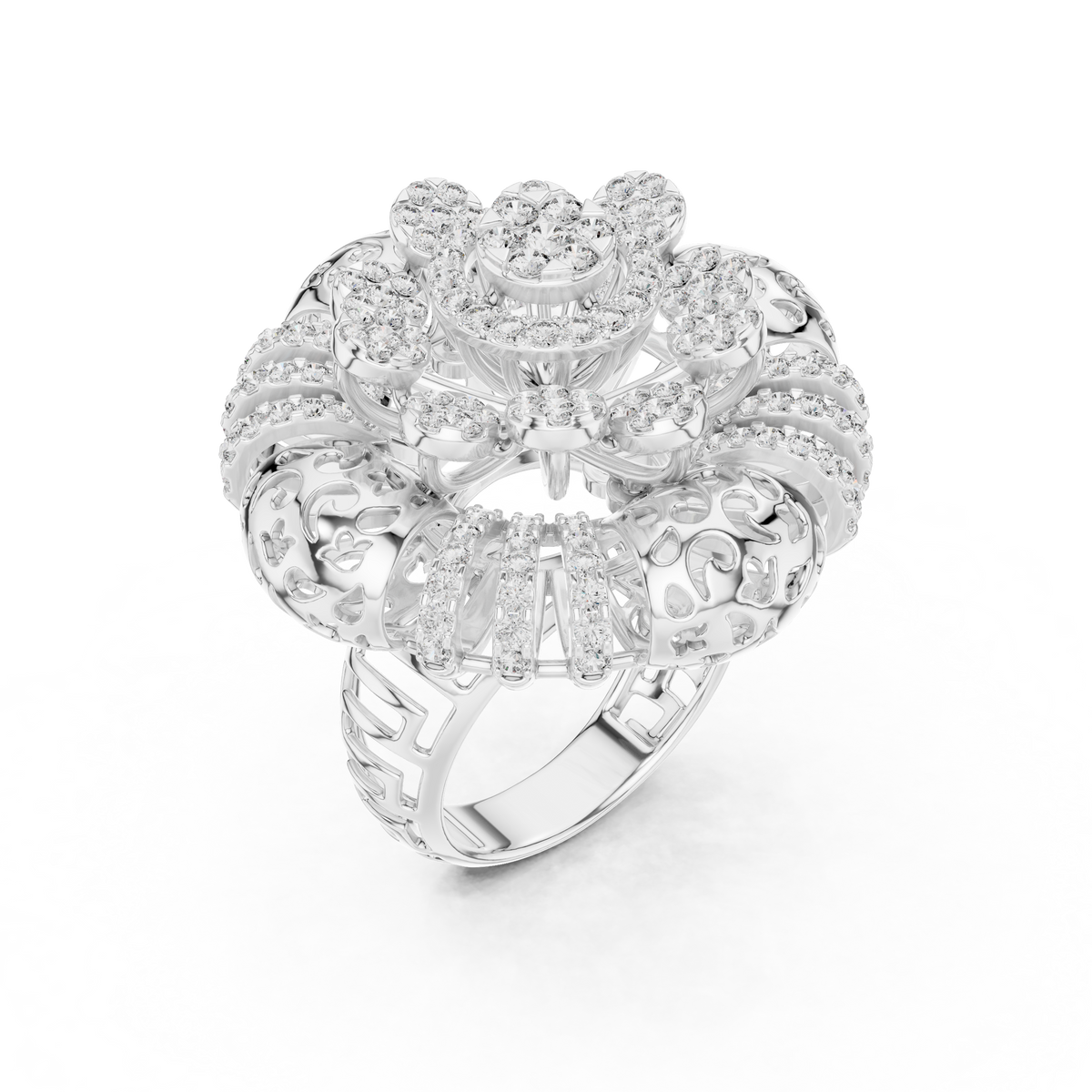 Radial Cluster Ring with Sculptural Filigree & Brilliant