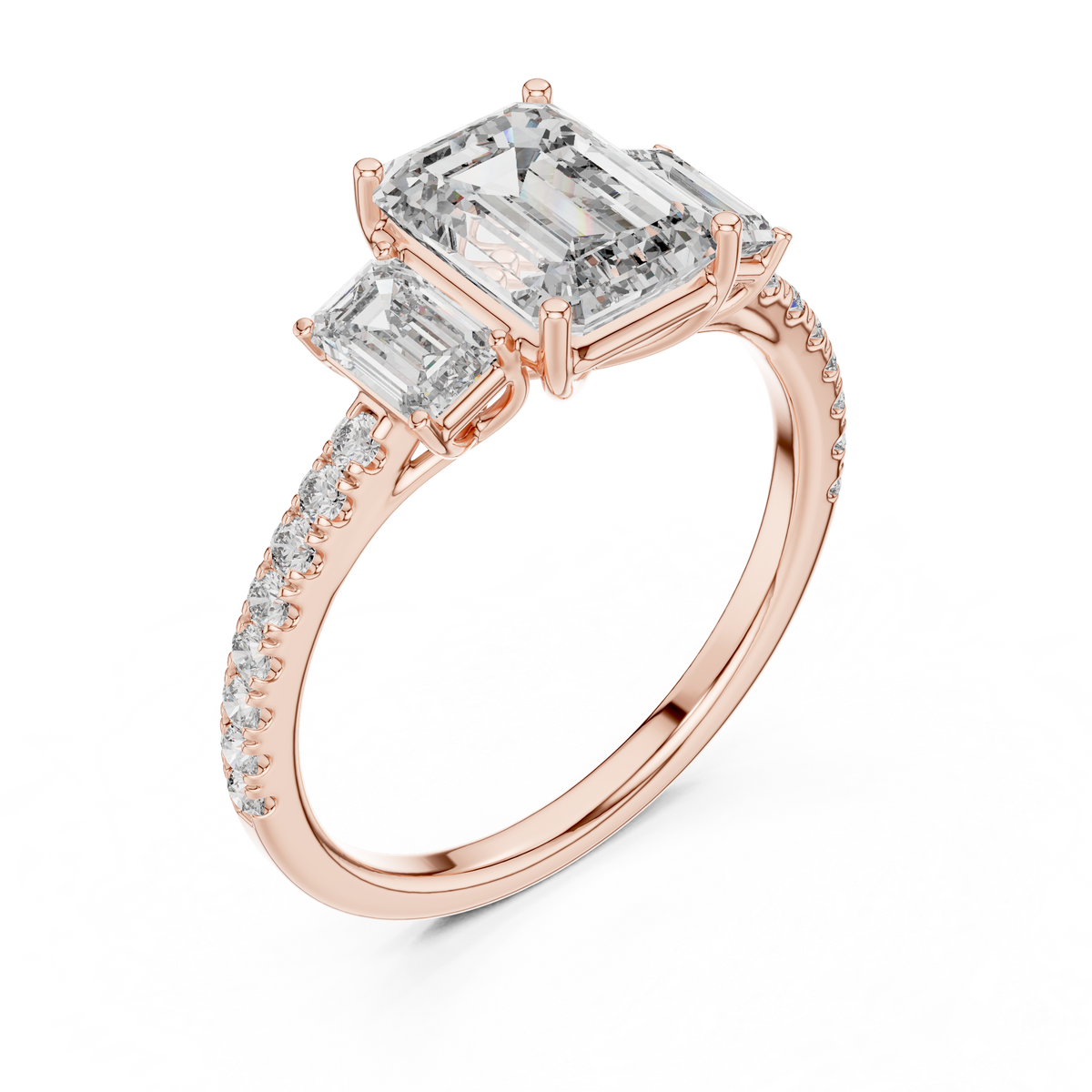 Emerald-Cut Center with Matched Side Stones on a Shimmering
