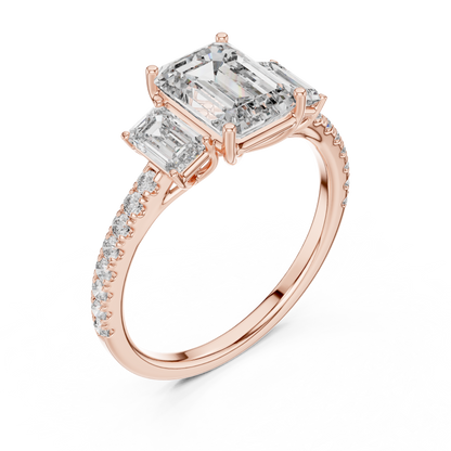 Emerald-Cut Center with Matched Side Stones on a Shimmering