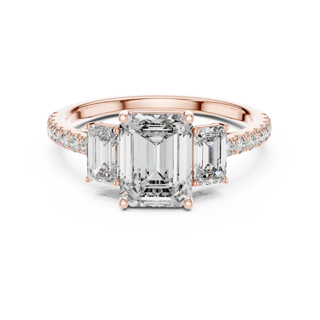 Emerald-Cut Center with Matched Side Stones on a Shimmering