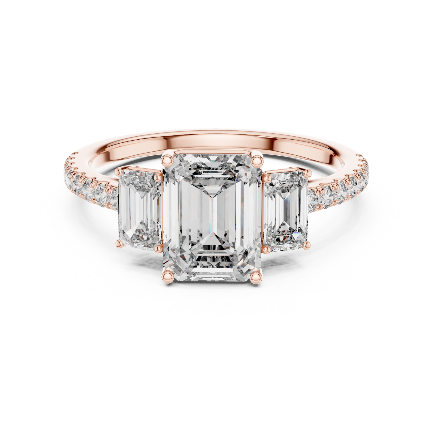 Emerald-Cut Center with Matched Side Stones on a Shimmering