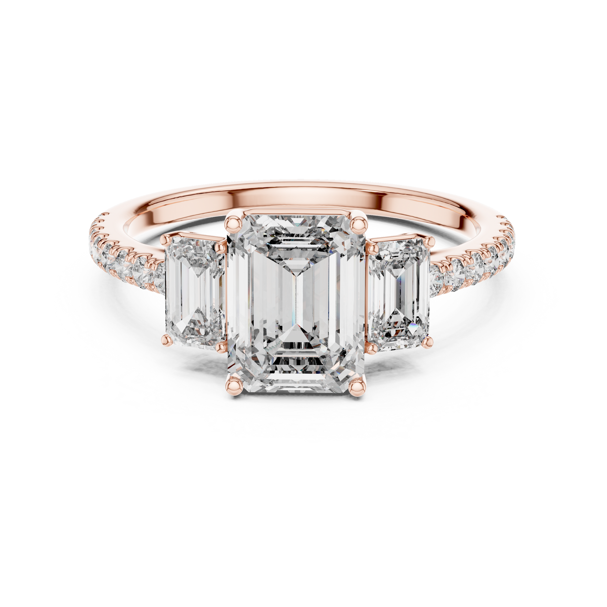 Emerald-Cut Center with Matched Side Stones on a Shimmering