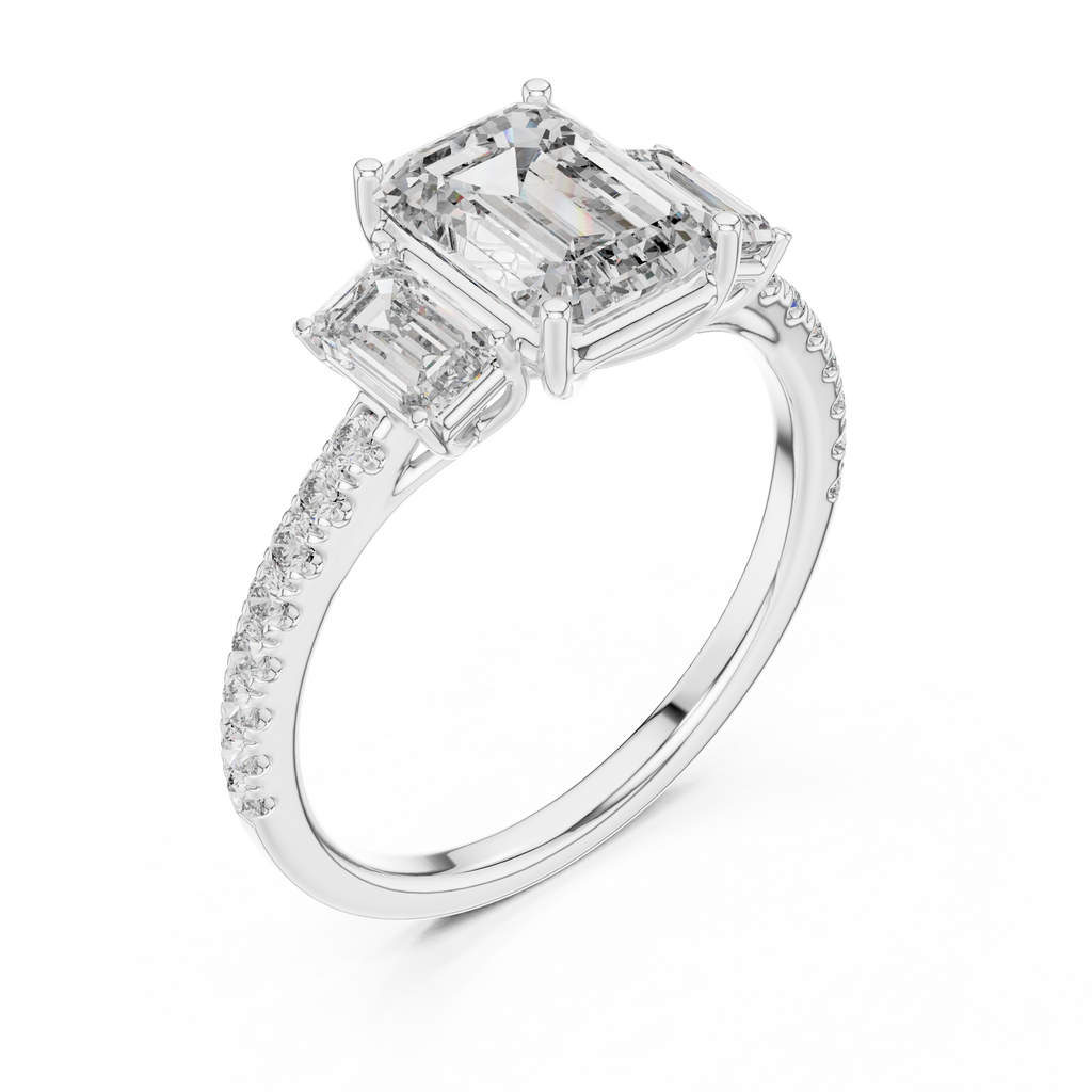 Emerald-Cut Center with Matched Side Stones on a Shimmering