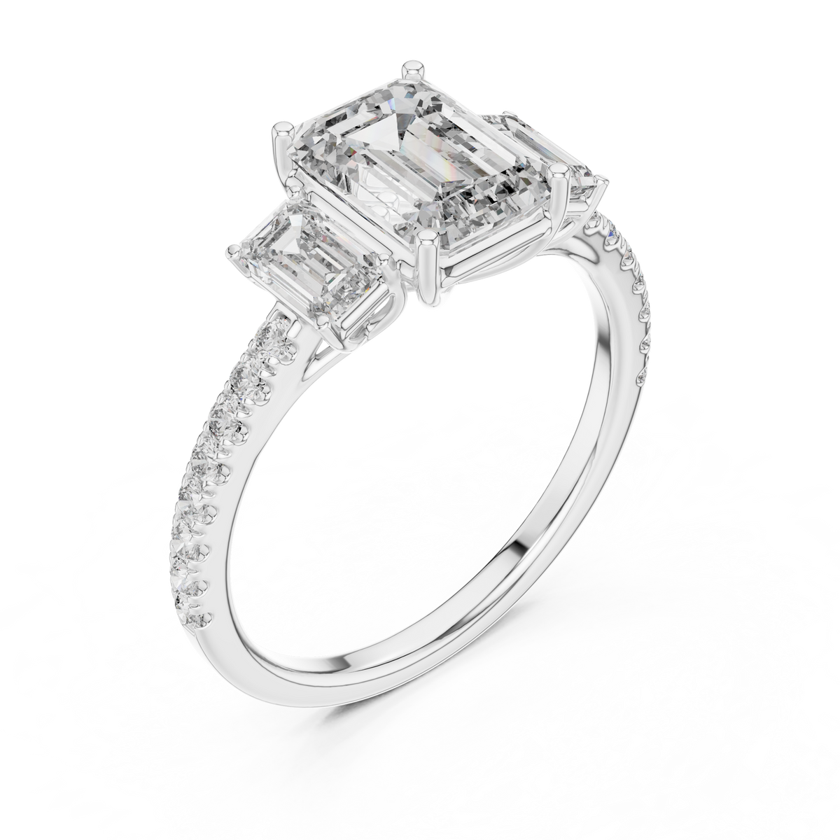 Emerald-Cut Center with Matched Side Stones on a Shimmering
