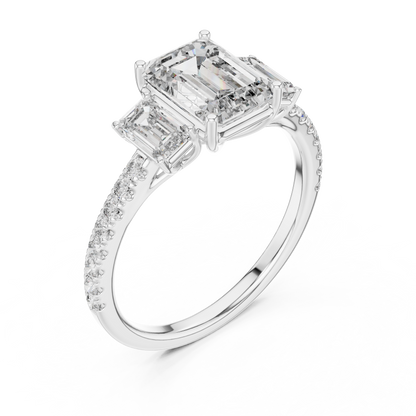 Emerald-Cut Center with Matched Side Stones on a Shimmering