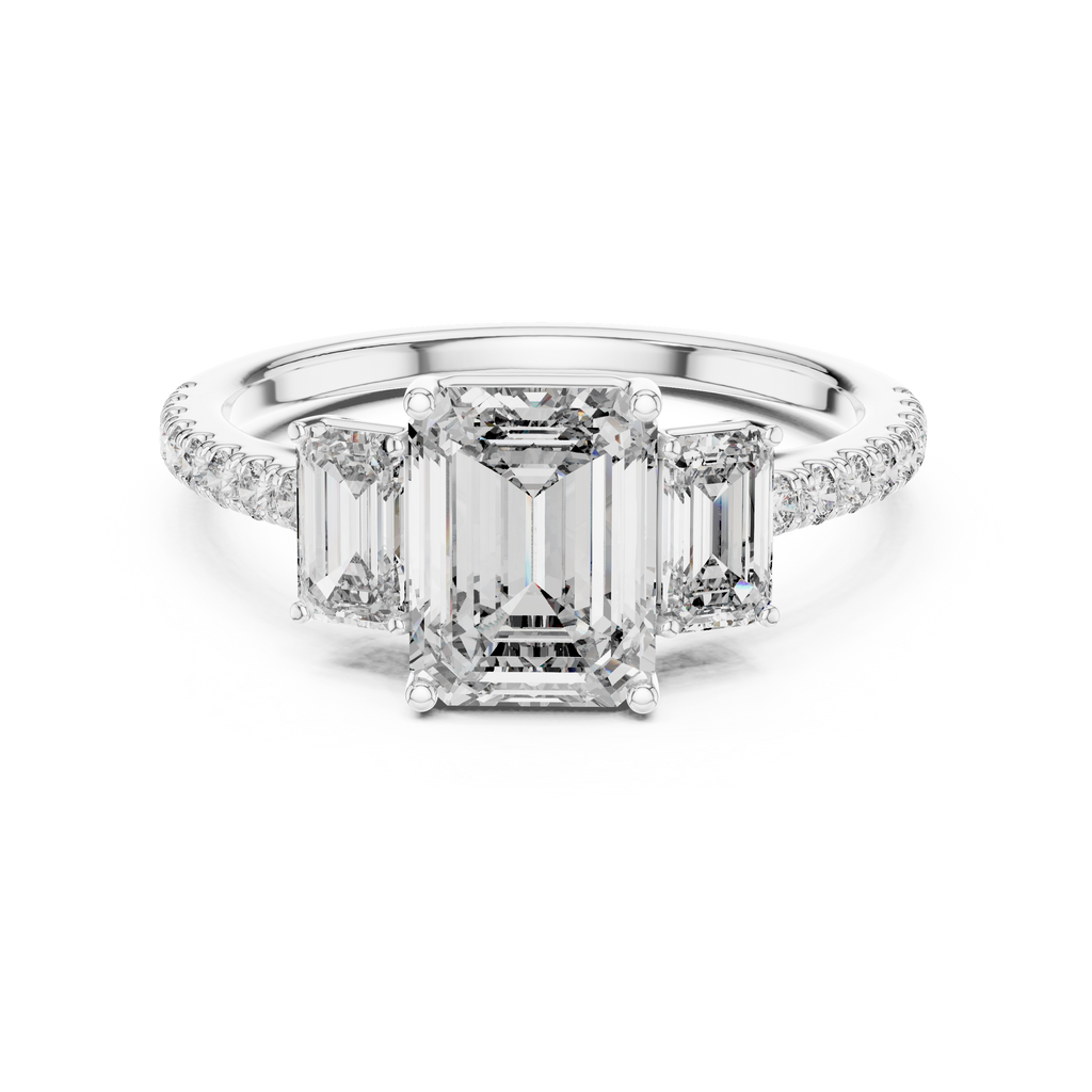 Emerald-Cut Center with Matched Side Stones on a Shimmering