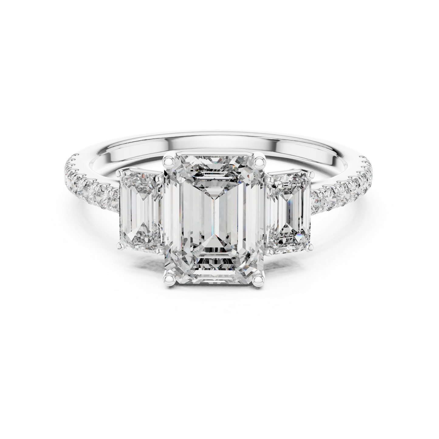 Emerald-Cut Center with Matched Side Stones on a Shimmering