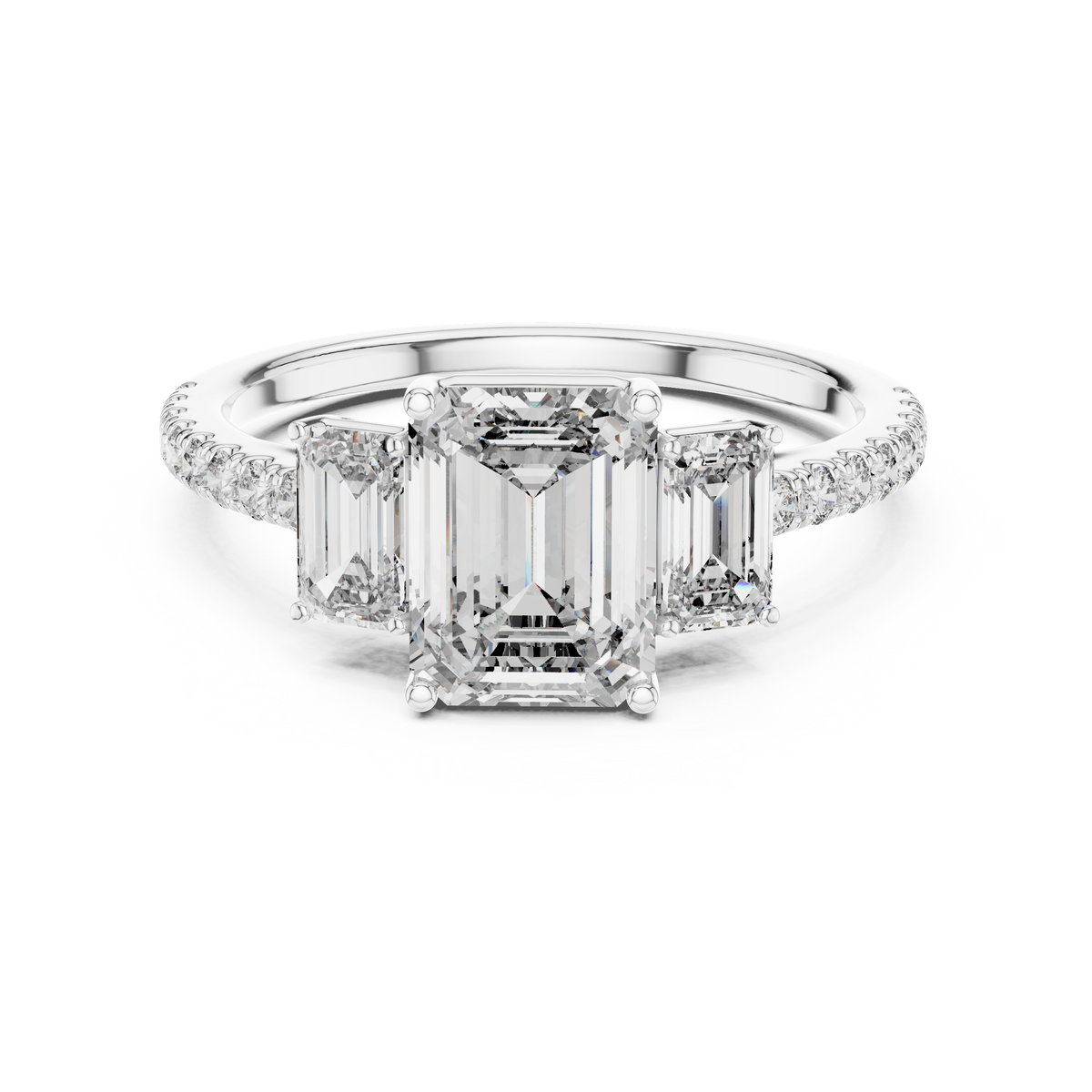 Emerald-Cut Center with Matched Side Stones on a Shimmering