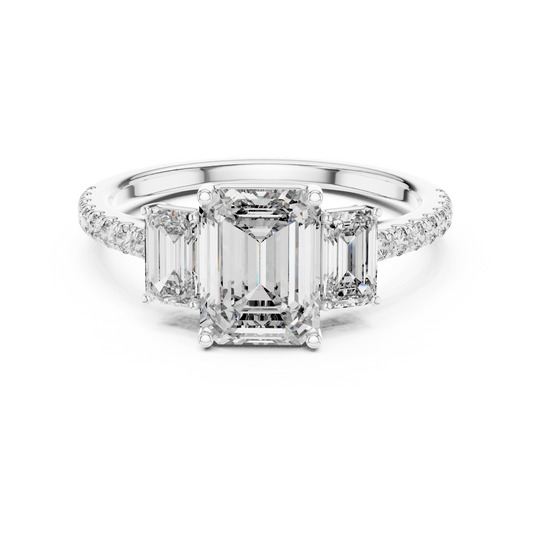Emerald-Cut Center with Matched Side Stones on a Shimmering
