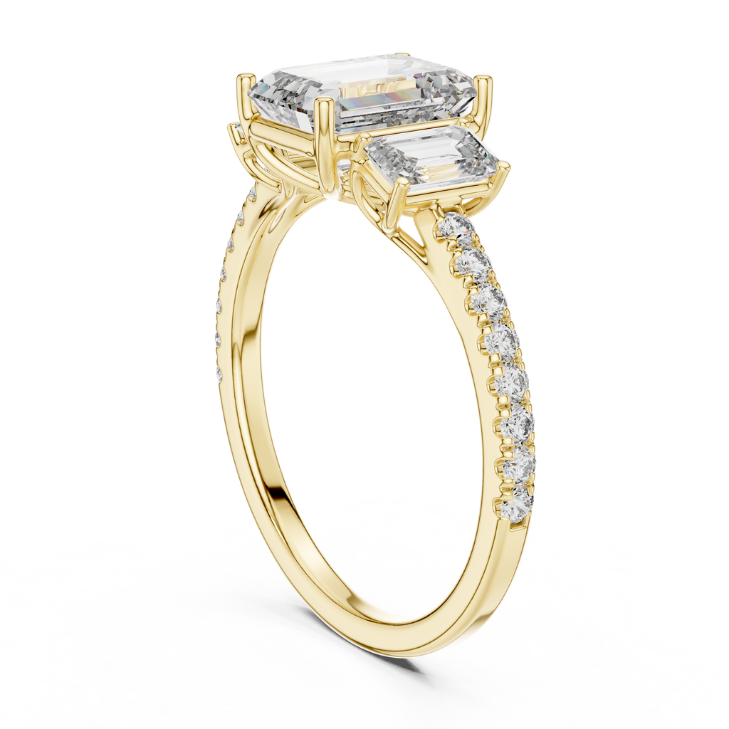 Emerald-Cut Center with Matched Side Stones on a Shimmering