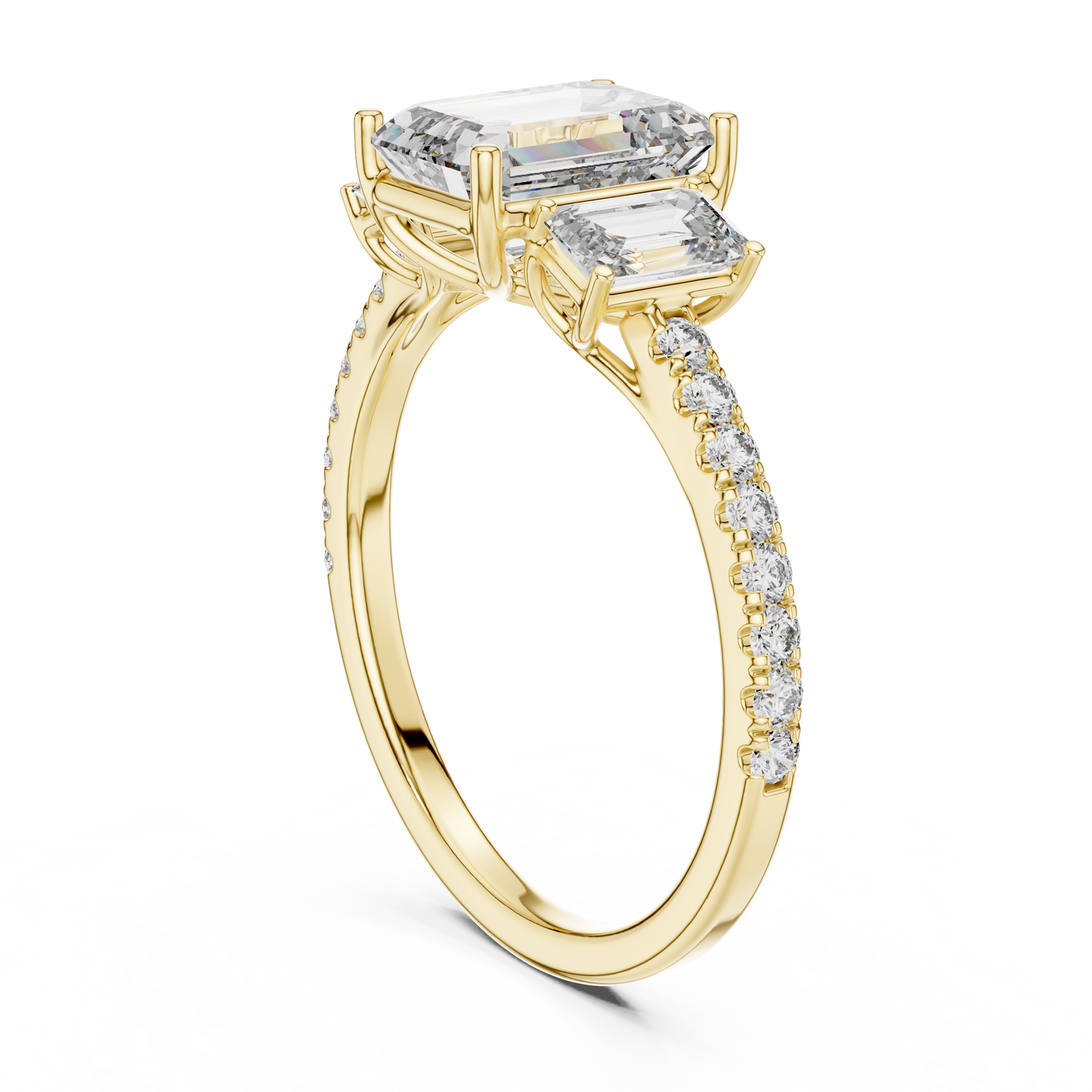 Emerald-Cut Center with Matched Side Stones on a Shimmering