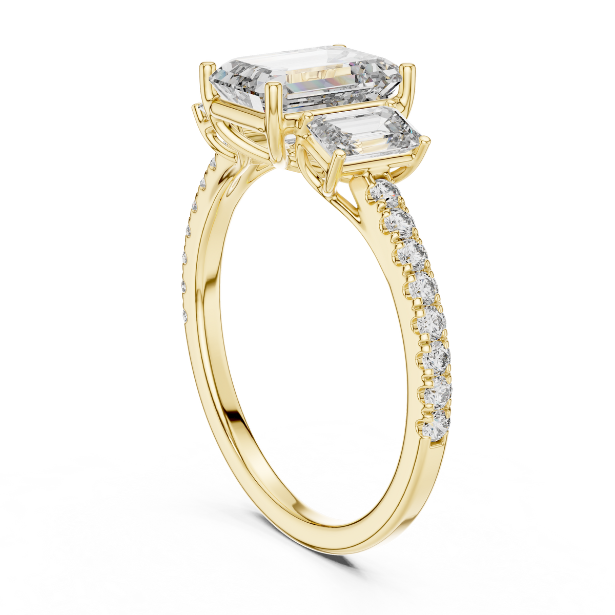 Emerald-Cut Center with Matched Side Stones on a Shimmering