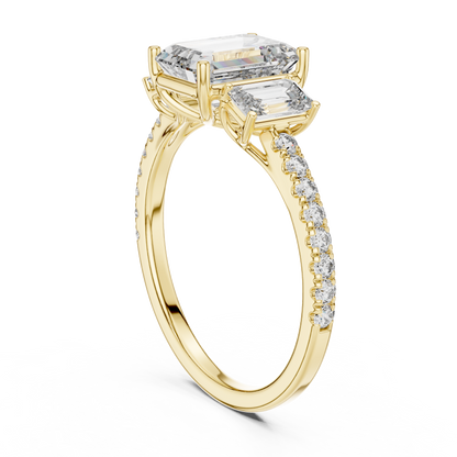 Emerald-Cut Center with Matched Side Stones on a Shimmering