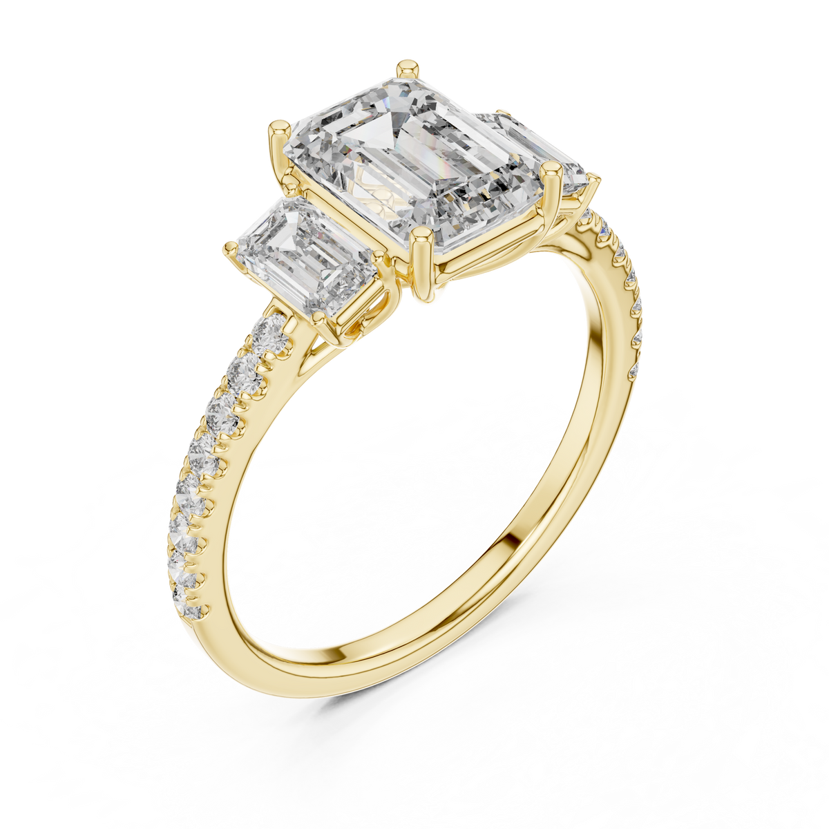 Emerald-Cut Center with Matched Side Stones on a Shimmering
