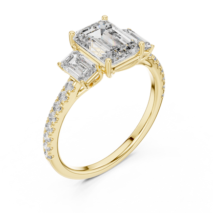Emerald-Cut Center with Matched Side Stones on a Shimmering