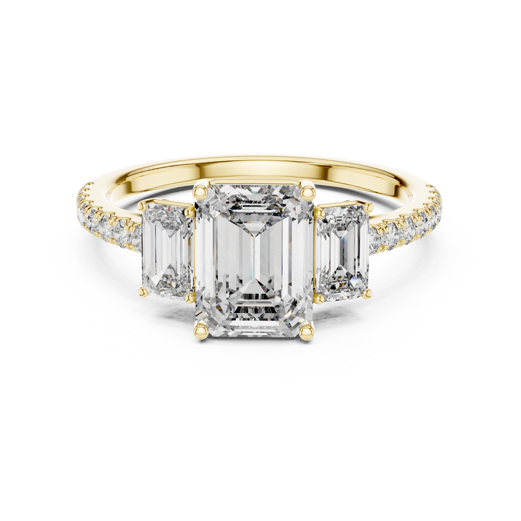 Emerald-Cut Center with Matched Side Stones on a Shimmering
