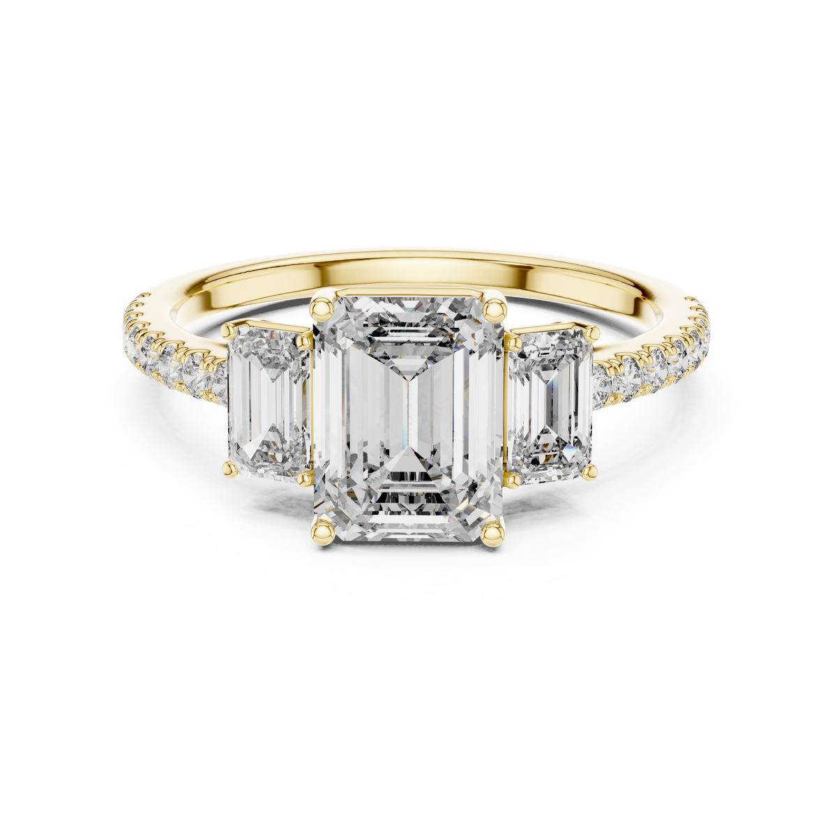 Emerald-Cut Center with Matched Side Stones on a Shimmering