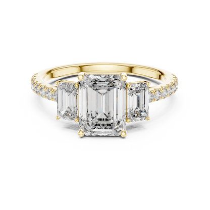 Emerald-Cut Center with Matched Side Stones on a Shimmering