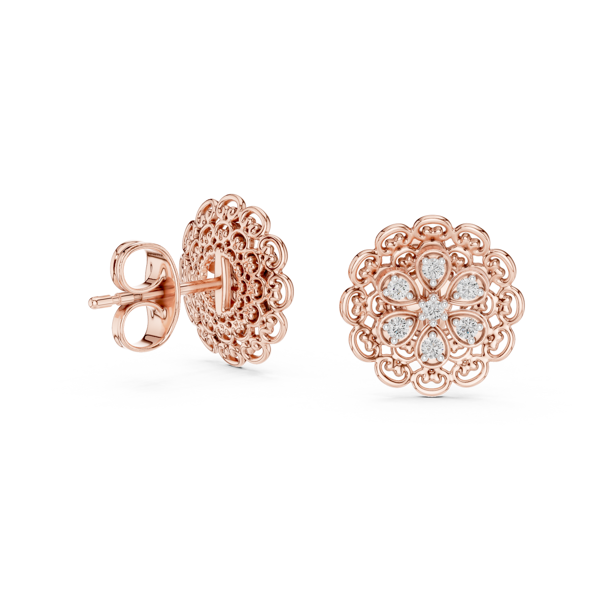 Elegant Floral Gold Stud Earrings with Diamond Cluster