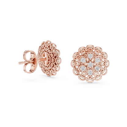 Elegant Floral Gold Stud Earrings with Diamond Cluster