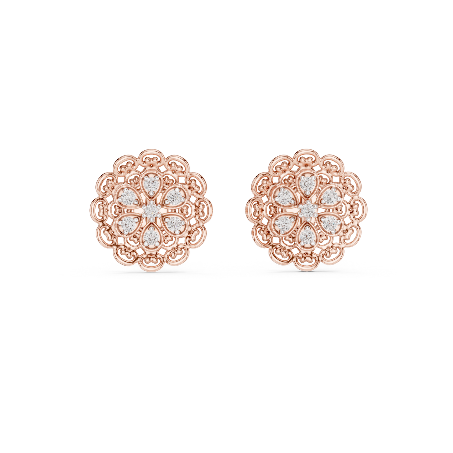 Elegant Floral Gold Stud Earrings with Diamond Cluster