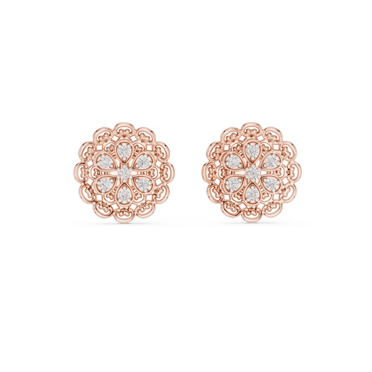 Elegant Floral Gold Stud Earrings with Diamond Cluster