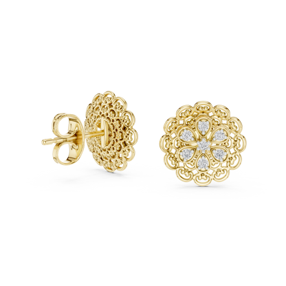 Elegant Floral Gold Stud Earrings with Diamond Cluster