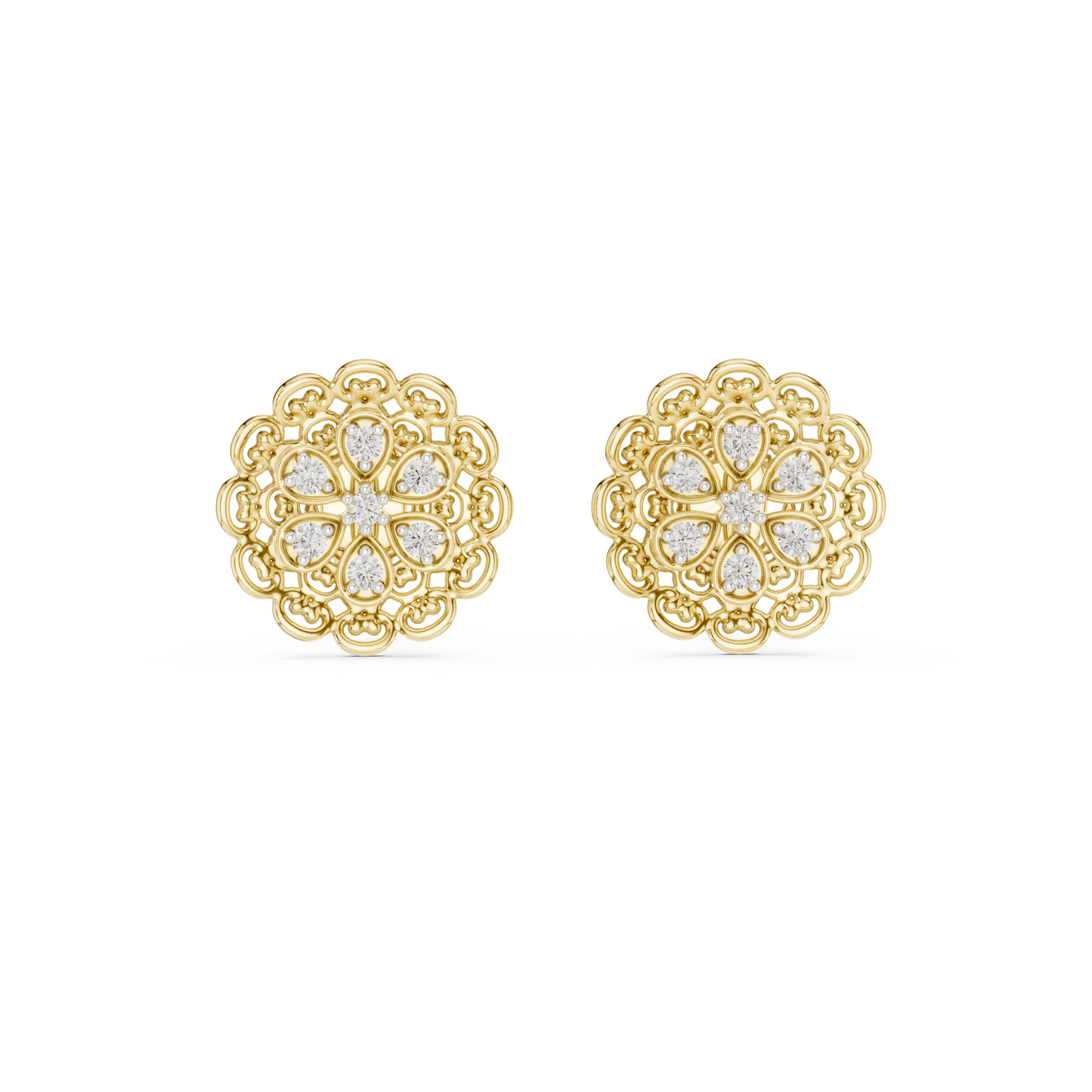Elegant Floral Gold Stud Earrings with Diamond Cluster