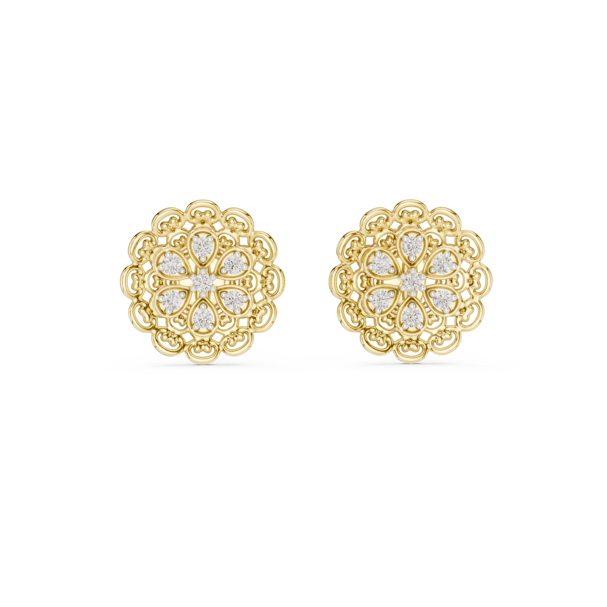 Elegant Floral Gold Stud Earrings with Diamond Cluster