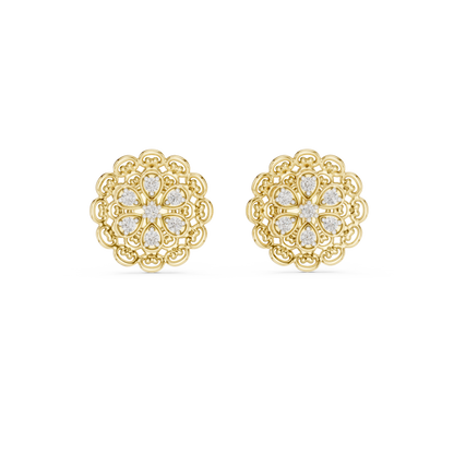 Elegant Floral Gold Stud Earrings with Diamond Cluster