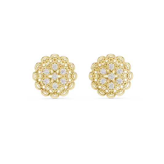 Elegant Floral Gold Stud Earrings with Diamond Cluster