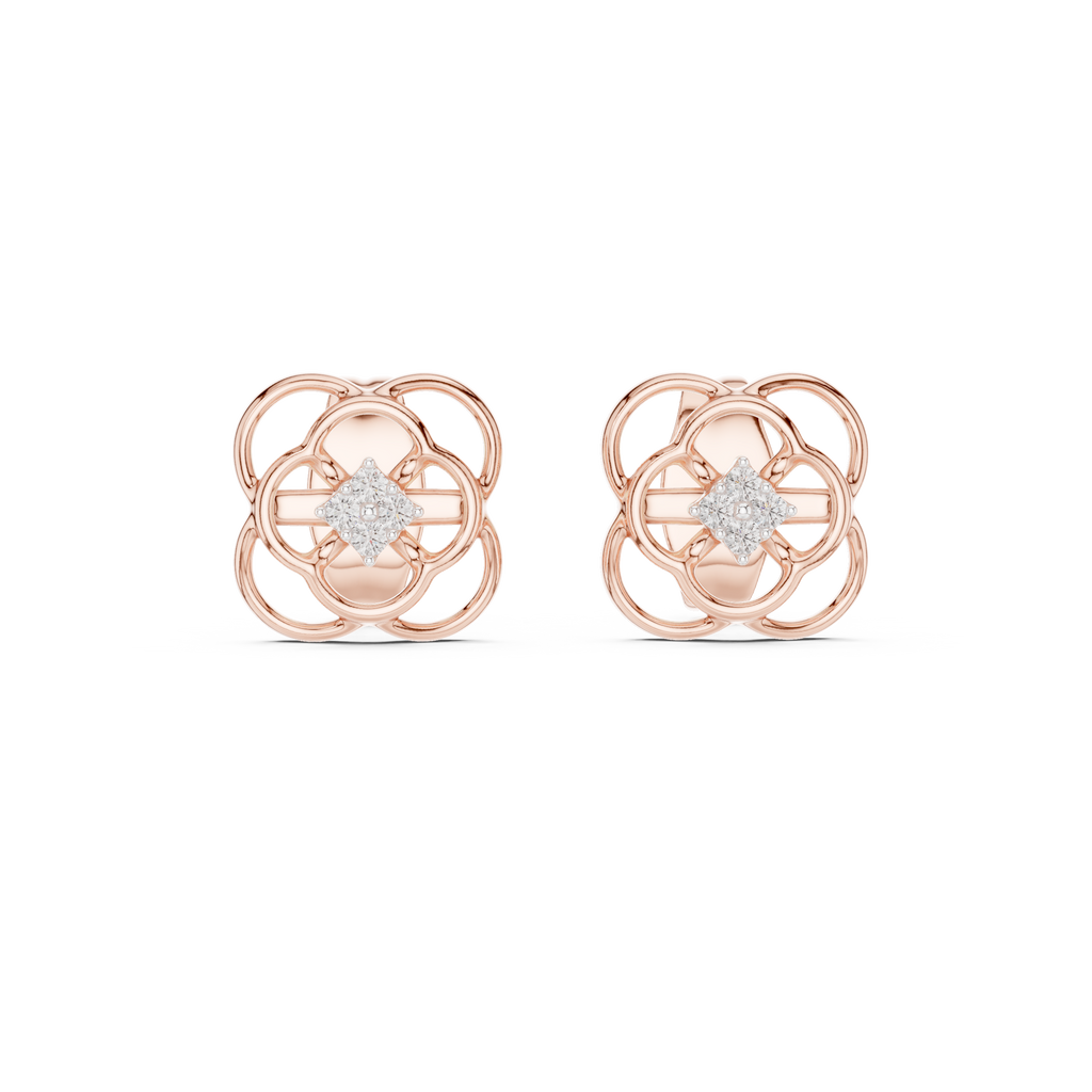Floral Clover Diamond Stud Earrings in Gold