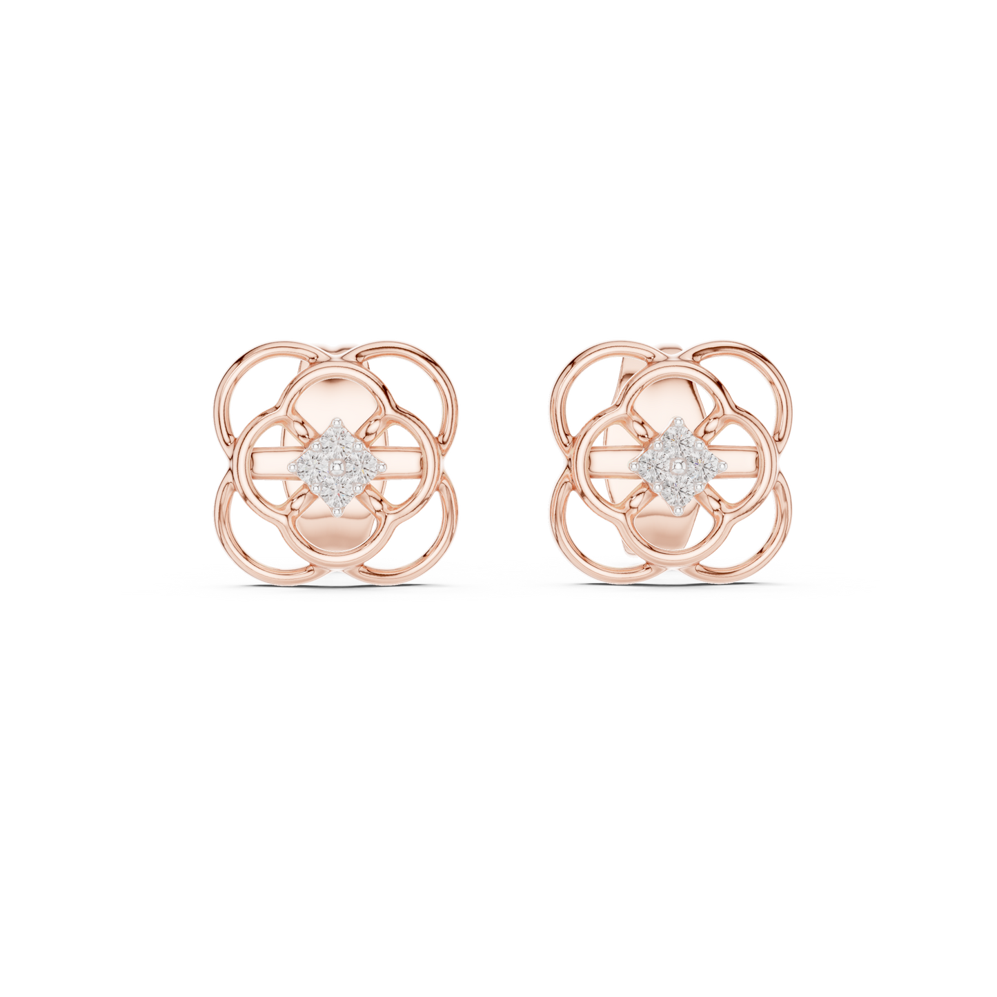 Floral Clover Diamond Stud Earrings in Gold