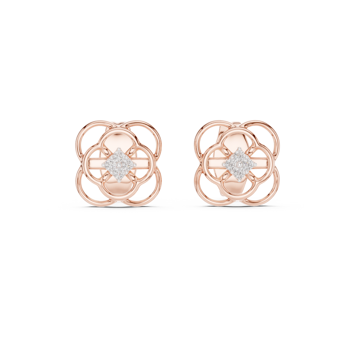 Floral Clover Diamond Stud Earrings in Gold