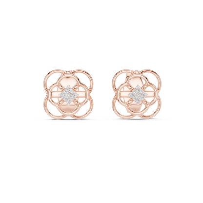 Floral Clover Diamond Stud Earrings in Gold