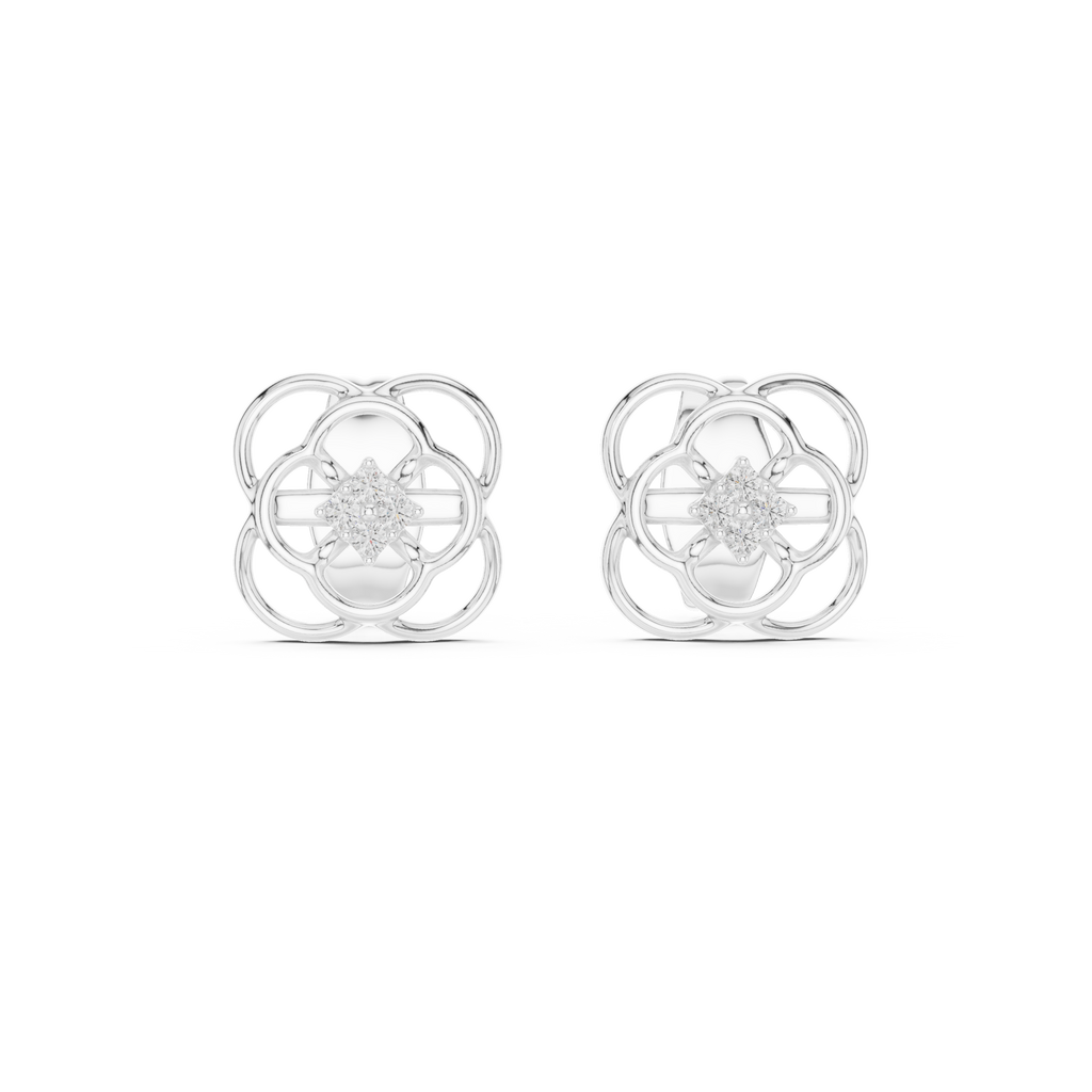 Floral Clover Diamond Stud Earrings in Gold