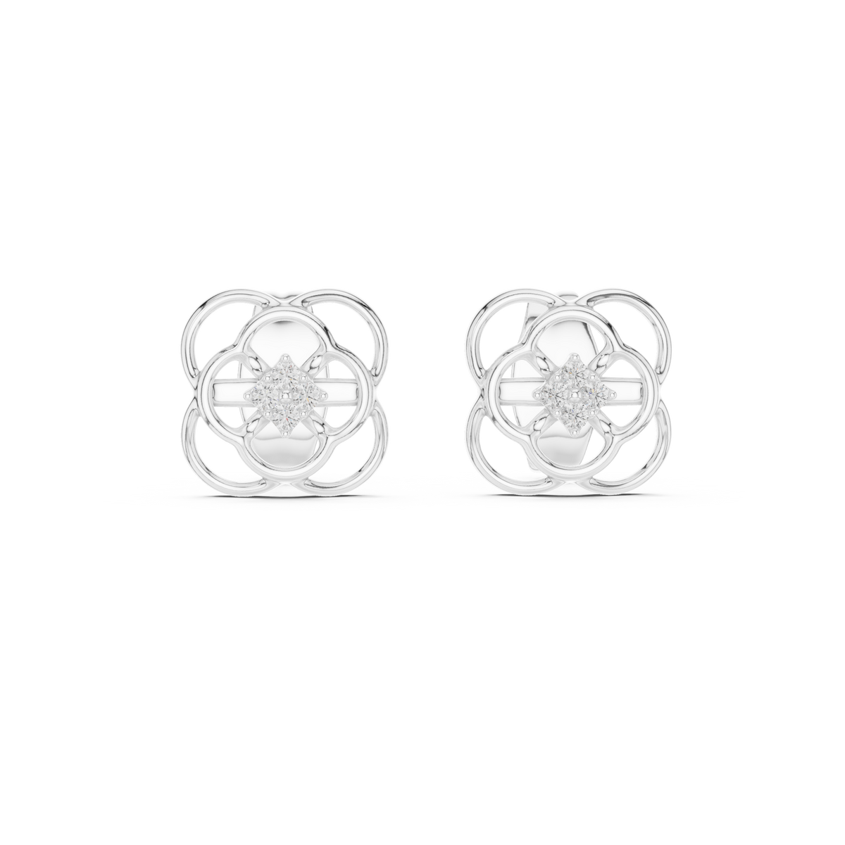 Floral Clover Diamond Stud Earrings in Gold